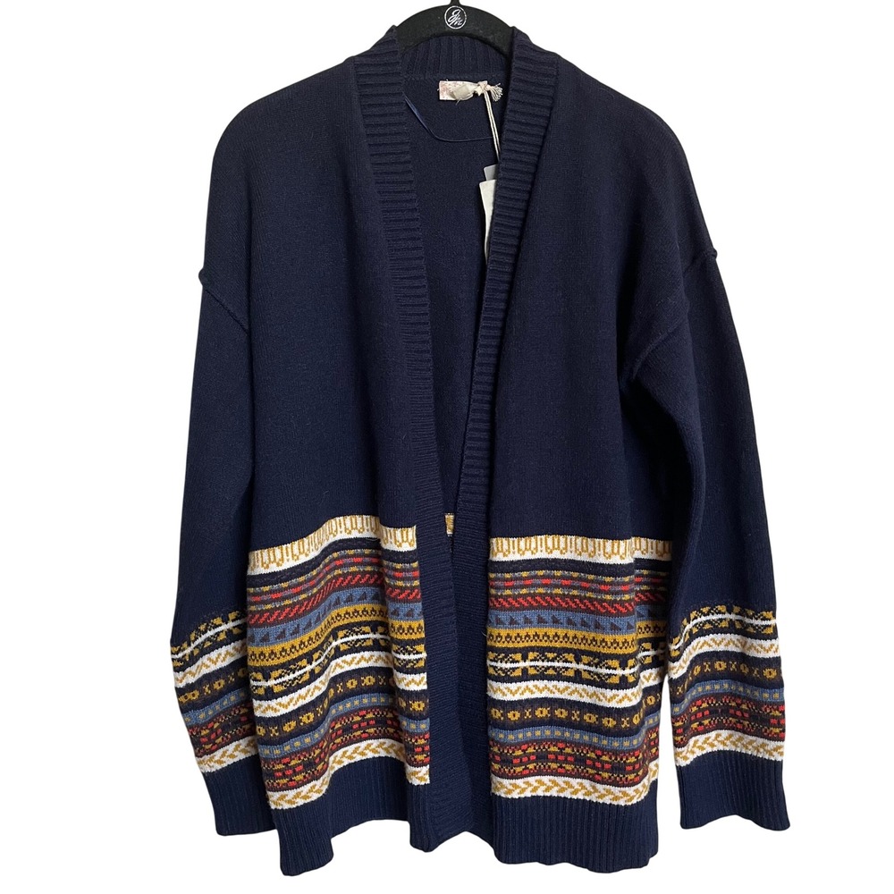 Hem & Thread Sweater Open Front Cardigan Fair Isle Nordic Navy‎ Blue NWT Small